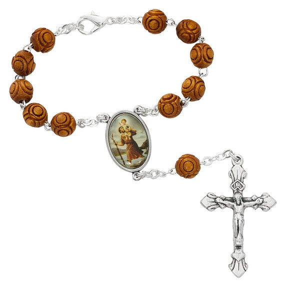 St Christopher Brown Wood Auto Rosary