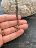 Small Cross Antiqued Solid Bronze Necklace 24 Inch Chain