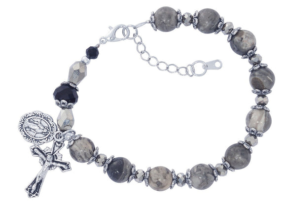 Picasso Stone & Black Crystal Rosary Bracelet