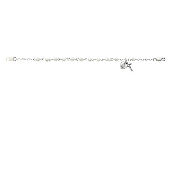 6 1/2 Sterling & Pearl Bracelet w/Miraculous Medal & Crucifix
