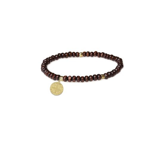 St Benedict Medal Dark Wood Bead Stretch Bracelet