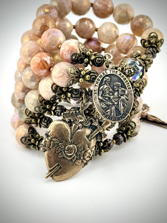 Sacred Heart Sunstone Rosary Wrap Bracelet