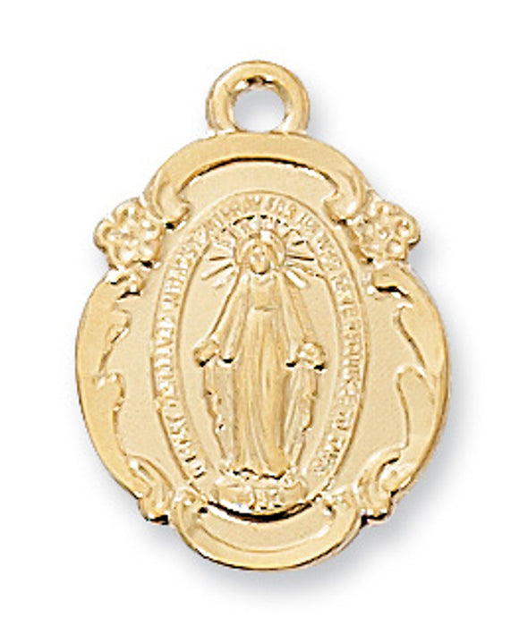Small Gold Over Sterling Flower Edge Miraculous Medal Necklace