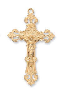 Large 1.6" Ornate Gold Over SS Crucifix Necklace 24" Chain