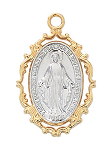 1" Gold Over SS Two-Tone Miraculous Medal Necklace 18" Chain