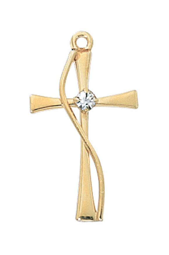 Polished Gold Over Sterling Silver Cross With Crystal Necklace 18 Inch Chain