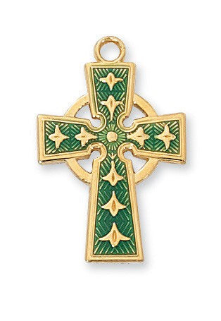 Medium Celtic Cross Gold Over Sterling Green Enamel Necklace
