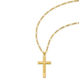 Gold Over SS 1.2" Matte Nail Cross Necklace 24" Figaro Chain