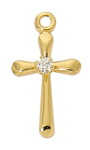 .6" Petite Gold Over SS Cross With Center Stone Necklace 16-18" Chain