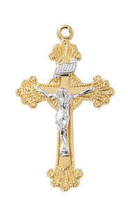 1" Two-Tone Fancy Gold Over SS Crucifix/SS Corpus Necklace 16-18" Chain