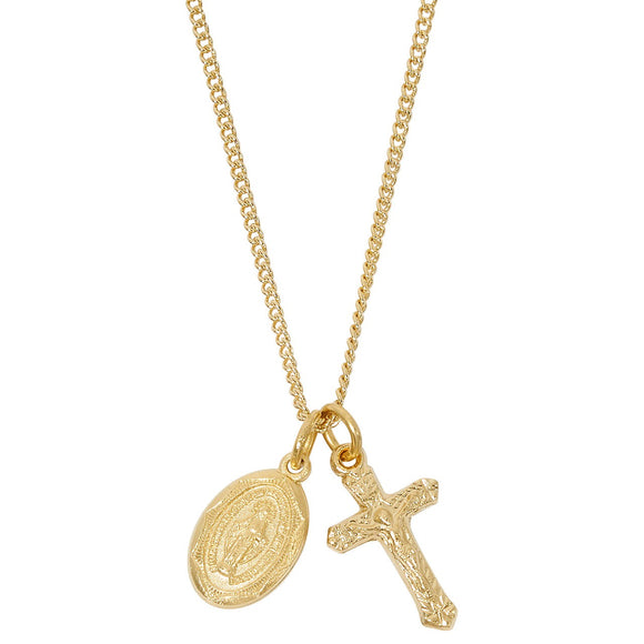 Petite Etched Gold Over SS Crucifix & Miraculous Medal Pendant Necklace 16-18