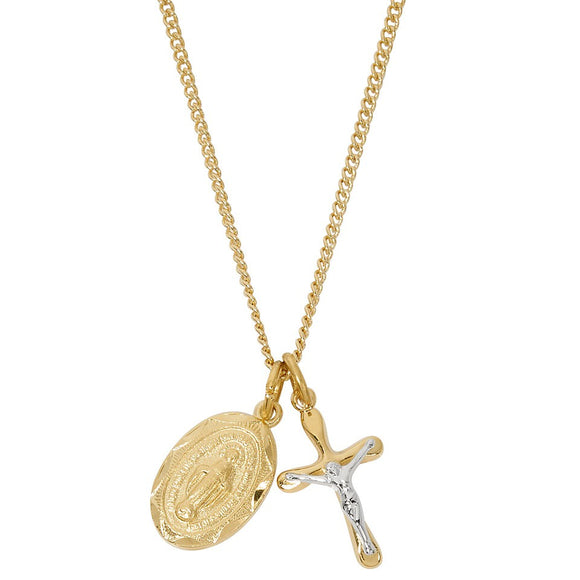 Petite Gold Over SS Two-Tone Crucifix & Gold Miraculous Medal Pendant Necklace 16-18