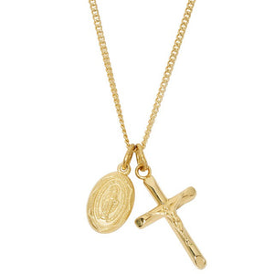 Petite Gold Over SS Crucifix & Miraculous Medal Pendant Necklace 16-18" Chain