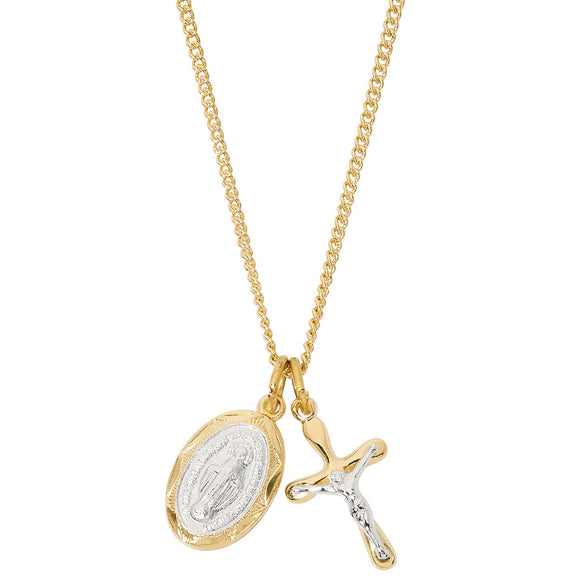 Petite Gold Over SS Two-Tone Crucifix & Miraculous Medal Pendant Necklace 16-18