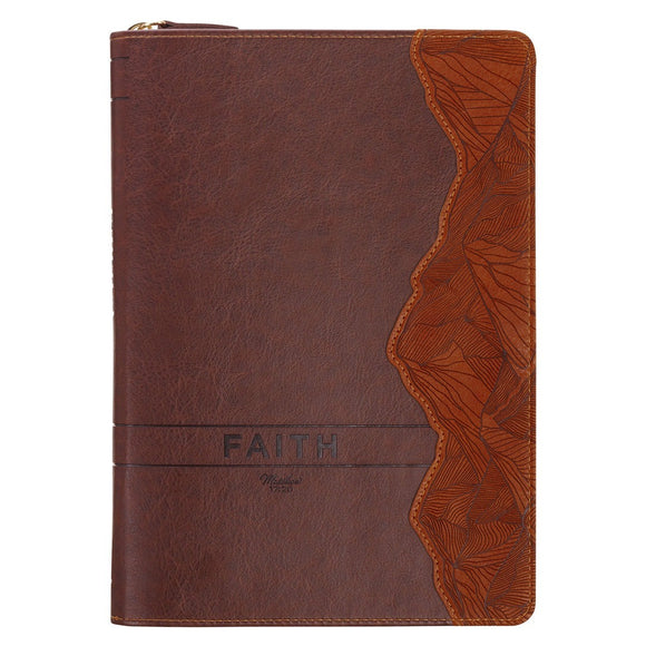 Faith Chestnut Brown Faux Leather Classic Journal with Zipper Closure - Matthew 17:20