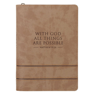With God All Things Are Possible Tan Faux Leather Journal with Zipper Closure - Matthew 19:26