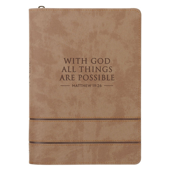 With God All Things Are Possible Tan Faux Leather Journal with Zipper Closure - Matthew 19:26