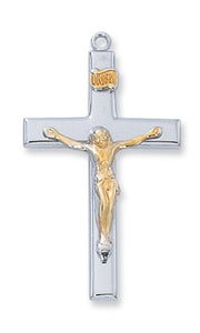 1.5" Two-Tone SS Crucifix/Gold Over SS Corpus Necklace 24" Chain