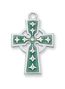 SS .8" Green Enameled Celtic Cross Necklace 18" Chain
