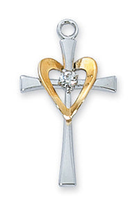 1" SS Cross With Gold Over SS Heart & Center Stone Necklace 18" Chain