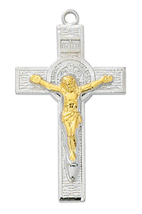 1.5" SS Cross/Gold Corpus Two-Tone St Benedict Medal Crucifix Necklace 18" Chain