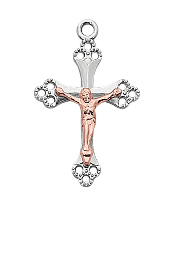2 Tone Rose Gold Crucifix Necklace 18 Inch Chain