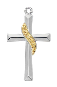 .9" Two-Tone SS Cross With Gold Over SS Sash Necklace 18" Chain
