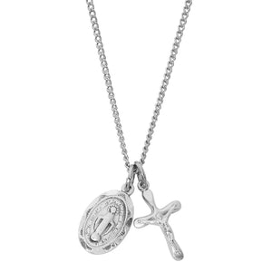 Petite SS Crucifix & Miraculous Medal Pendant Necklace 16-18" Chain