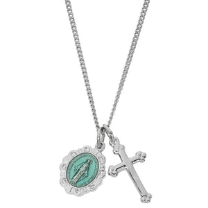 Petite SS Budded Cross & Blue Enameled Miraculous Medal Pendant Necklace 16-18" Chain