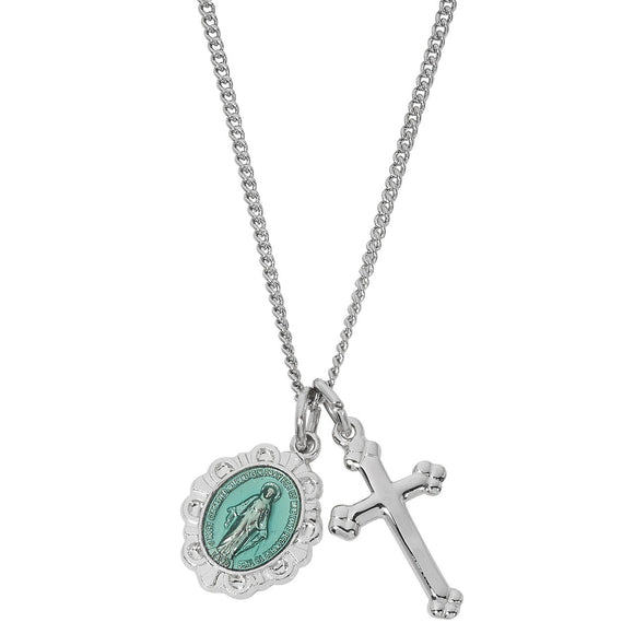 Petite SS Budded Cross & Blue Enameled Miraculous Medal Pendant Necklace 16-18