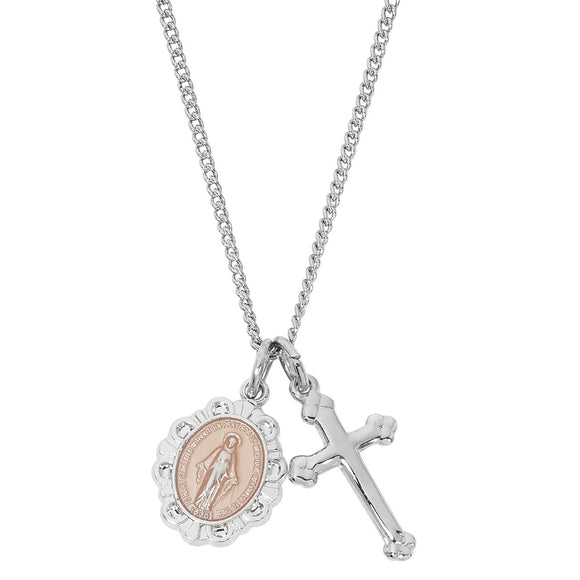 Petite SS Budded Cross & Pink Enameled Miraculous Medal Pendant Necklace 16-18