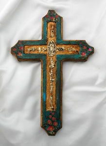 12" Hand Painted Blue OLO Guadalupe Cross With Milagros