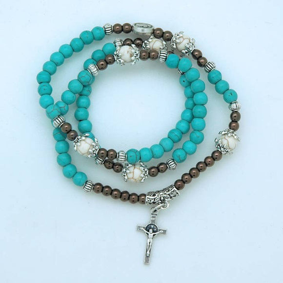 Elastic Wrap St Benedict & Turquoise Rosary Bracelet