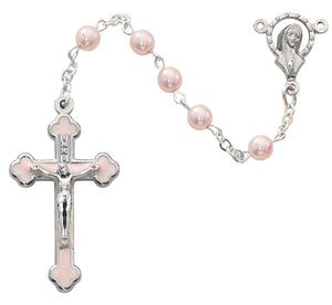 5mm Pink Enamel Crucifix Rosary - Plastic Case
