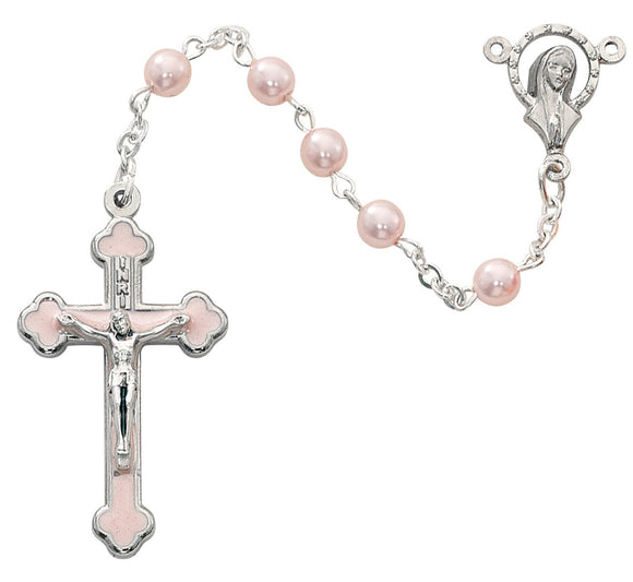 5mm Pink Enamel Crucifix Rosary - Plastic Case