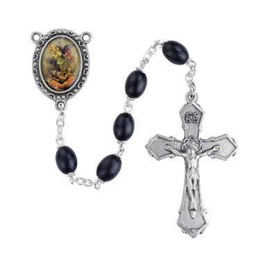 6x8MM Black Wood Bead Rosary Enamel St Michael Center