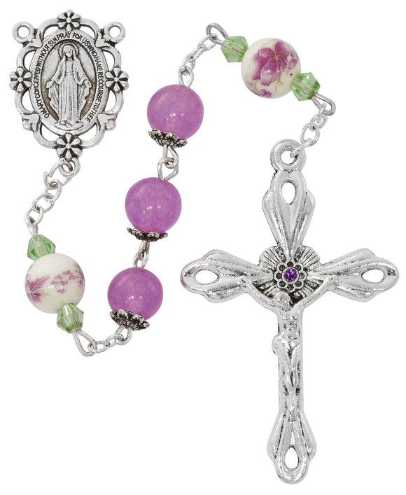 8MM Purple With Ceramic Flower Our Father Beads