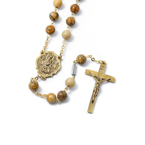 8mm Natural Jasper Stone Gold St Joseph Rosary