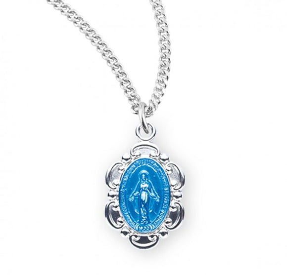 Blue Enamel SS Small Baroque Miraculous Medal Necklace