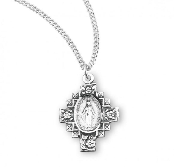 Fancy SS Miraculous Medal With Flower Edges Necklace