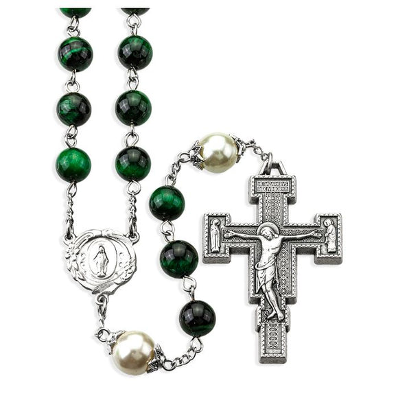 8mm Deluxe Green Tiger Eye Bead Rosary with Pearl Our Father Beads
