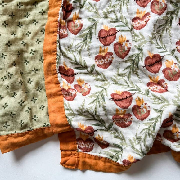 Catholic Luxury Double Sided Muslin Blanket - Holy Family Hearts
