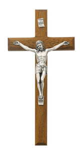 8" Slim Beveled Edge Walnut Crucifix Silver Corpus