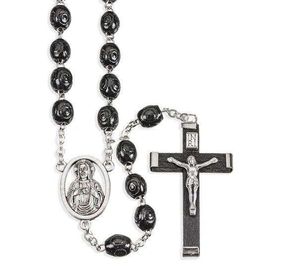 7 x8mm Black Oval Carved Wood Bead Rosary with Wood Crucifix