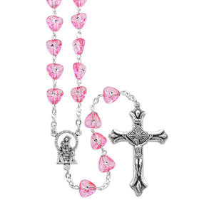 8mm Pink Heart Shaped Etched Bead Rosary