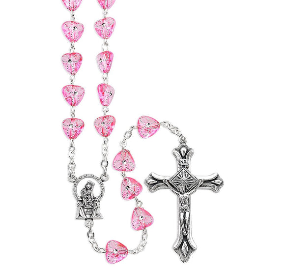 8mm Pink Heart Shaped Etched Bead Rosary
