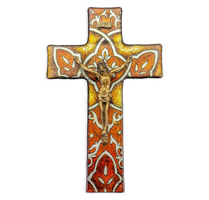 10" Burnt Orange Glass Crucifix with Museum Gold Tone Corpus
