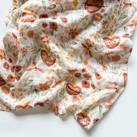 Catholic Baby Swaddle Muslin Blanket - Holy Family Hearts
