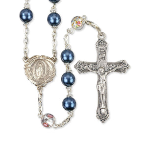 7mm Dark Blue Pearl Bead Rosary with Floral Our Father Beads