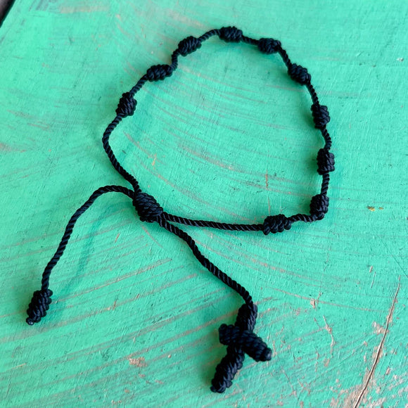 Black Knotted Cord Rosary Decade Adjustable Bracelet